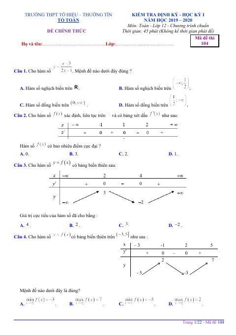 Đề kiểm tra định kỳ HK1 Toán 12 năm 2019 – 2020 trường Tô Hiệu – Hà Nội (bản Word)